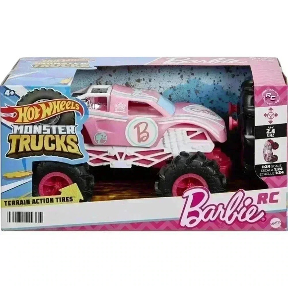 Hot Wheels Barbie Monster Trucks RC Toy Vehicle, 1:24 Scale  NEW Hot Wheels Barbie Monster Truck RC Battery Powered Remote Control Pink